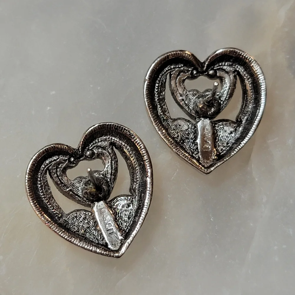 1994 Vintage Avon Elegant Era Crystal Heart Faux Marcasite and Amethyst Earrings
